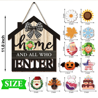 Interchangeable Seasonal Bless This Home Hanging Sign - Farmhouse Front Door Decoration for Spring All Seasons Holidays - Rustic House Shape Wood Sign with 12 Icons