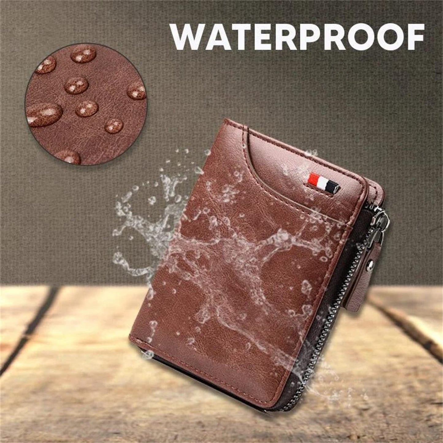 Plinvo Men's RFID Blocking Waterproof Wallet Genuine Leather Large Capacity Zipper Holds 1-14 Cards Slim Brown (BROWN)
