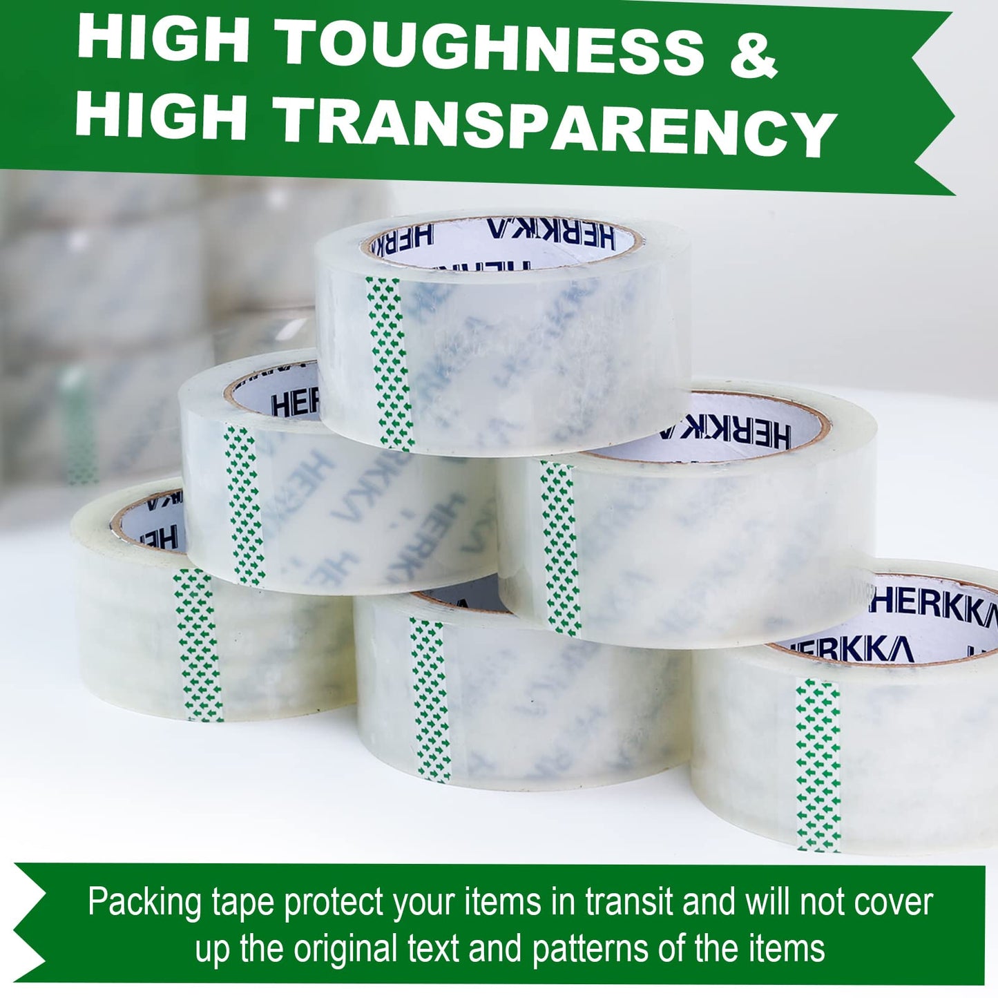 HERKKA Clear Packing Tape, 18 Rolls Heavy Duty Packaging Tape for Shipping Packaging Moving Sealing, 3Mil Thick Clear Packing Tape, 2 inches Wide, 65 Yards Per Roll, 1170 Total Yards