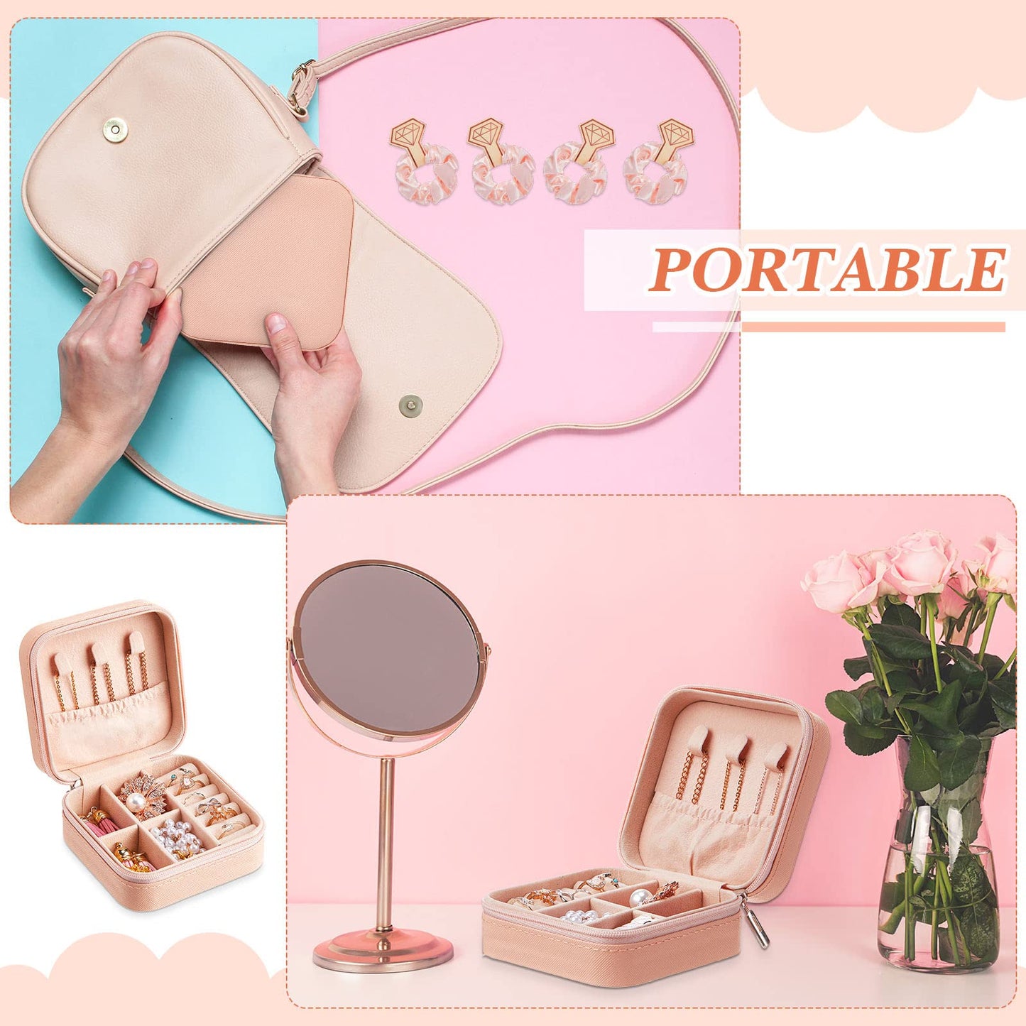 Yinkin 9 Pcs Travel Jewelry Case Boxes Small Jewelry Travel Mini Organizer with 9 Pcs Hair Scrunchies, Bridesmaid Women Girls Earring Ring Storage Gift(Pink)