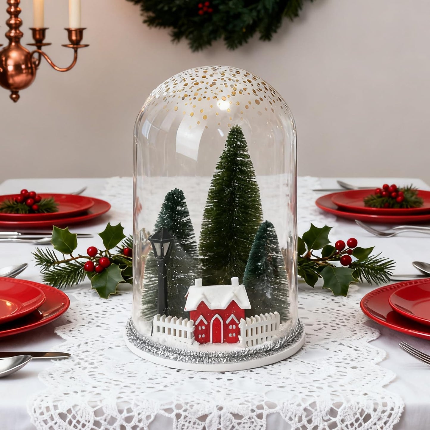 Christmas Decorations Table Centerpieces, Christmas Trees and Red House in Dome Cloche, Xmas Winter Tabletop Decor for Tiered Tray Shelf Mantel Fireplace Coffee Bar Office Desk Holiday Decoration