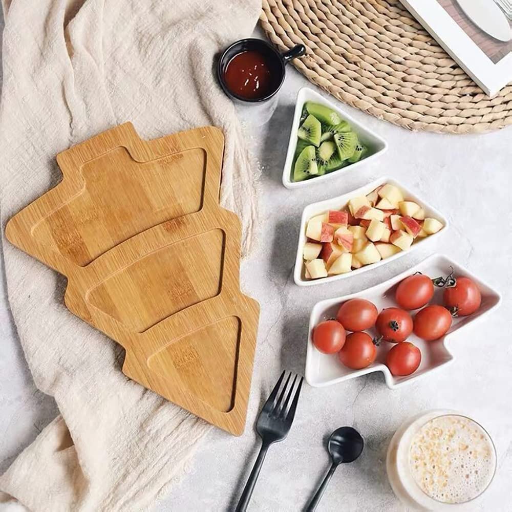 Bamboo Christmas Tree Tray, Ceramic Serving Dishes Set In Christmas Themed Design Serving Bowls for Parties, Perfect for Veggies, Candy and Snacks, White