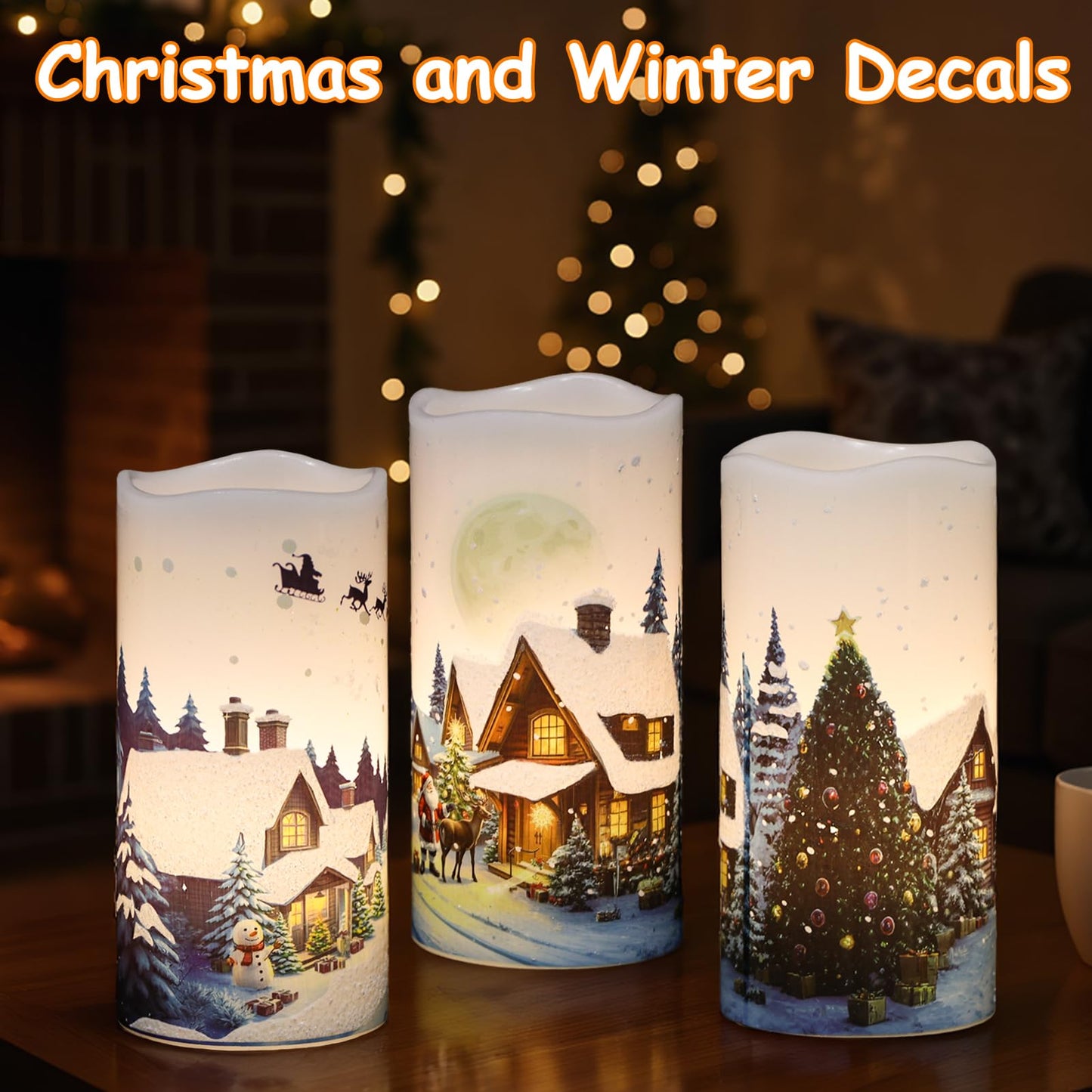 GenSwin Christmas Flameless Candles with Remote Timer, Set of 2 Christmas LED Battery Operated Pillar Candles with Snow House, Santa, Reindeer Decals for Holiday Winter Party Home Decor(D3” x H6”)