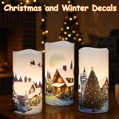 GenSwin Christmas Flameless Candles with Remote Timer, Set of 2 Christmas LED Battery Operated Pillar Candles with Snow House, Santa, Reindeer Decals for Holiday Winter Party Home Decor(D3” x H6”)