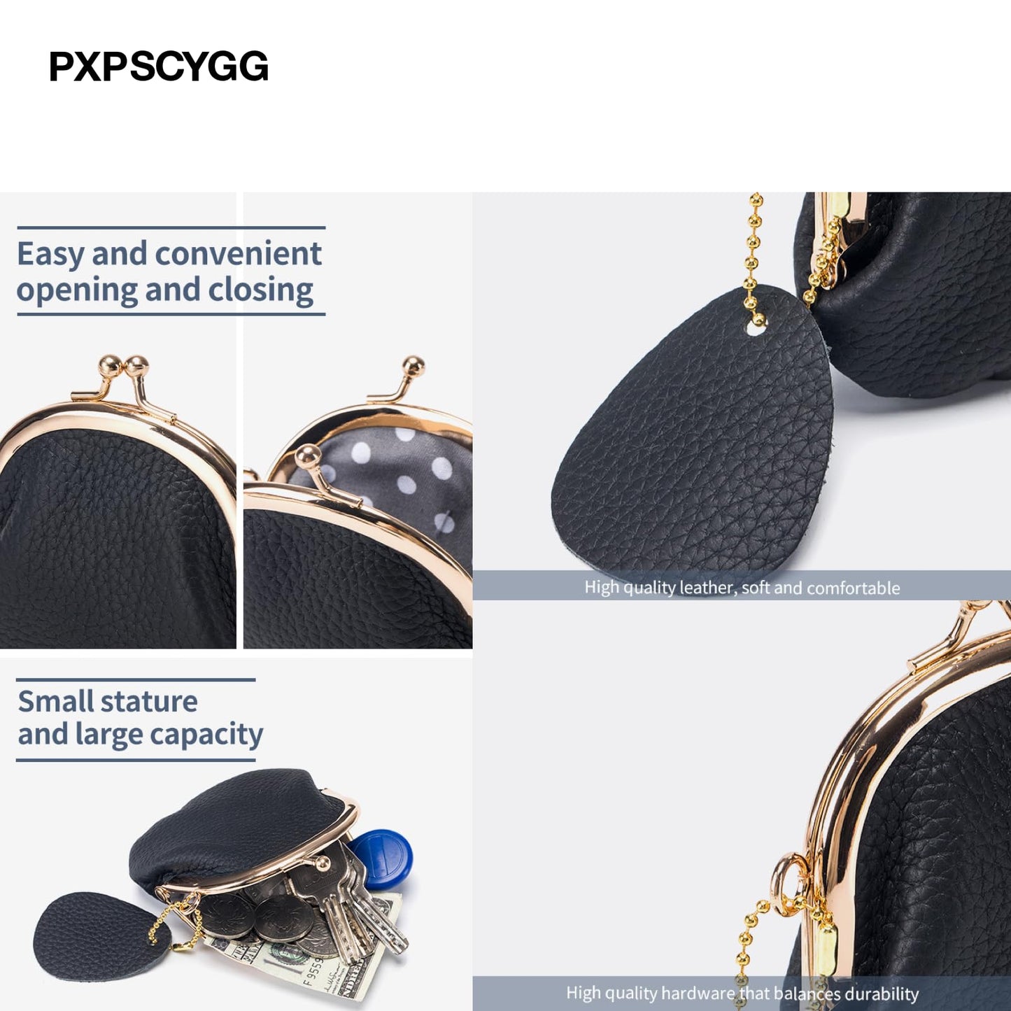 Genuine Leather Small Coin Purse for Women, Vintage Leather Change Purse, Coin Bag with Kiss Lock, Mini Coin Purse for Women's (Black)