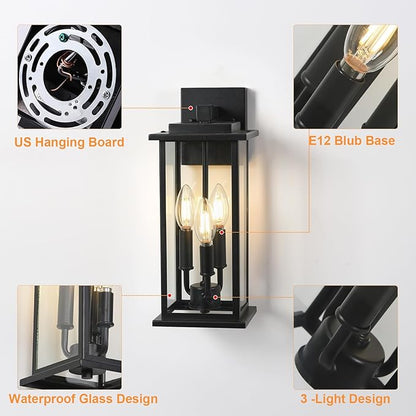 2-Pack 15" Outdoor Wall Lantern Candelabra 3-Light, Waterproof Exterior Wall Light Fixture with Clear Glass Front Porch Light Outdoor Wall Sconce, E12 Base Exterior Sconces for Garage