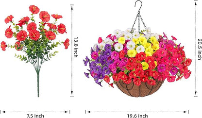 Artificial Faux Hanging Flowers Plants Basket for Outdoors, Silk Morning Glory with Eucalyptus in Planter Look Real UV Resistant Fake Flowers for Porch Outside Patio Balcony Yard Indoor Summer Decor