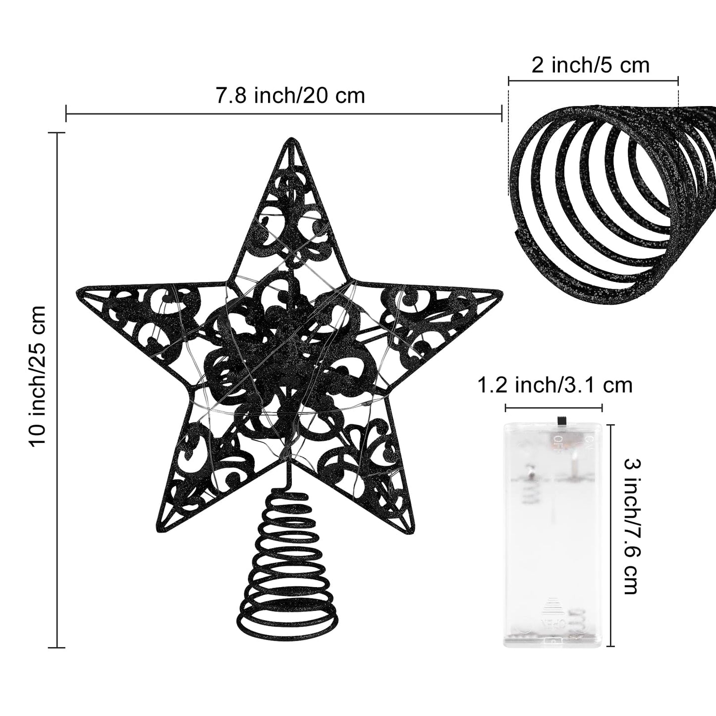 MCEAST Glittered Christmas Tree Topper with LED Lights 10 Inches Light Up Star Treetop for Indoor Outdoor Christmas Tree Decoration, Black