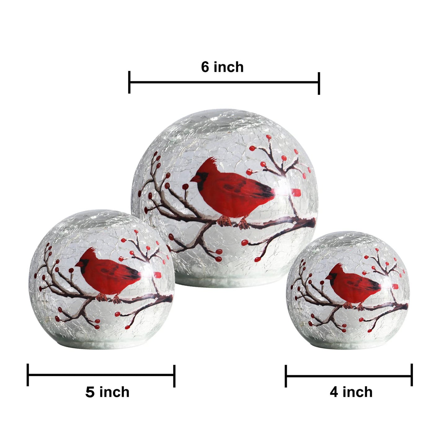 Kaowod Large Crackle Glass Ball Cardinal Lamp, Light Up Red Cardinal Stained Glass Christmas Decor Accent Lamp, Lighted Red Bird Globe Table Light, Led Sphere Desk Lamp