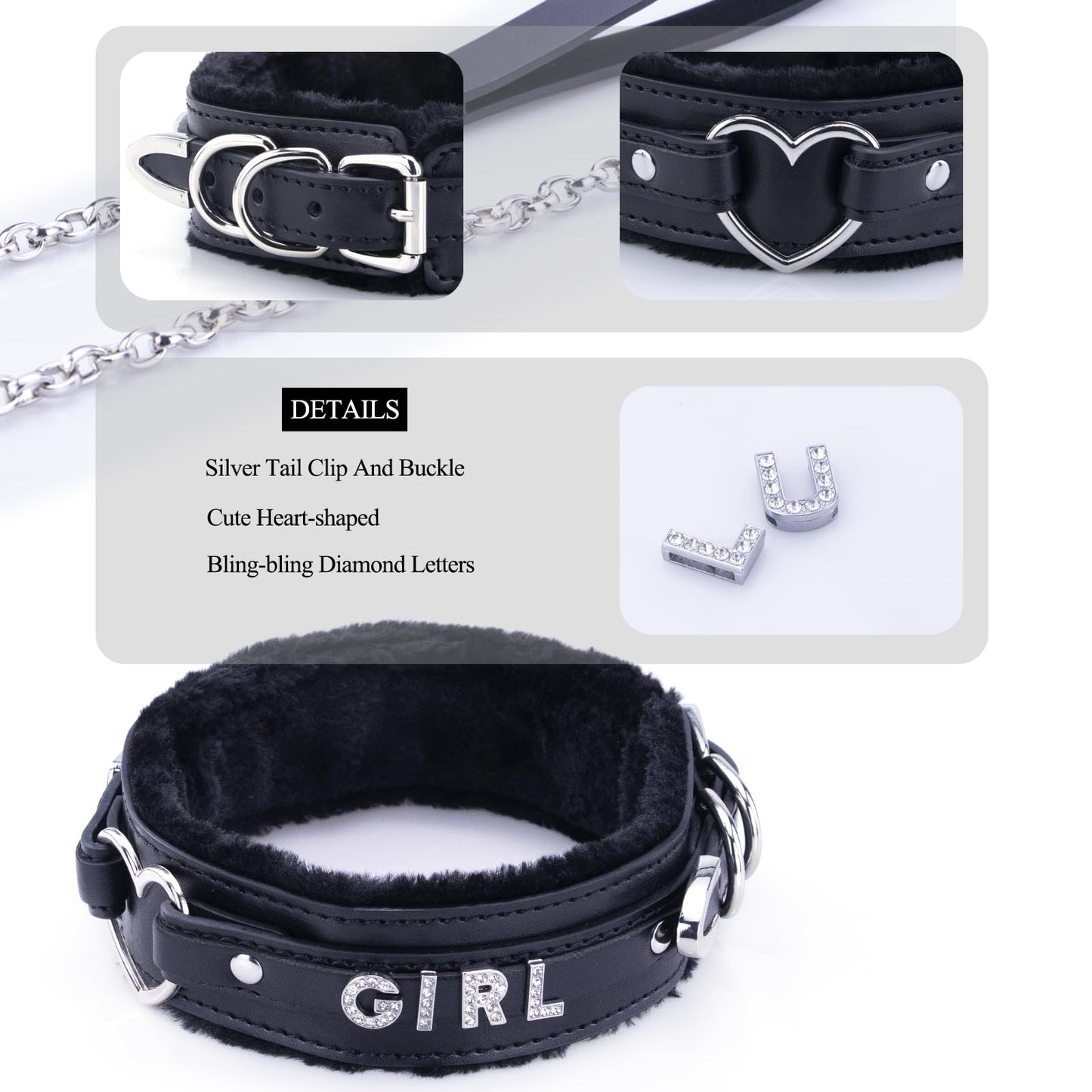 Bilisee Black Leather Heart O-ring Collar Necklace for Women, Adjustable Gothic Punk Collar with Letters Soft Furry Choker Jewelry