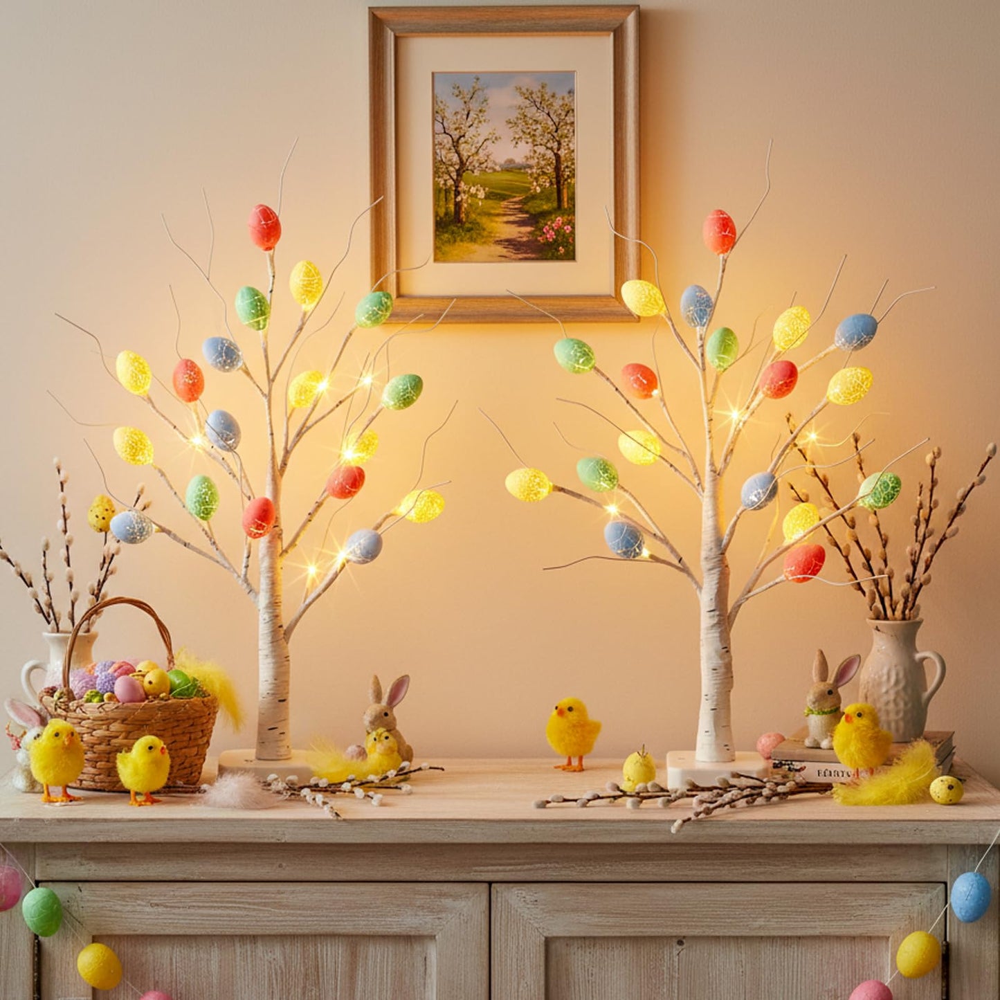 Vanthylit Easter Decorations, 2 Pack Lighted Easter Tree Battery Operated with Timer, 22 Inch LED Birch Tree with 36 Egg Ornaments Indoor Tabletop Centerpiece Light for Home Decor