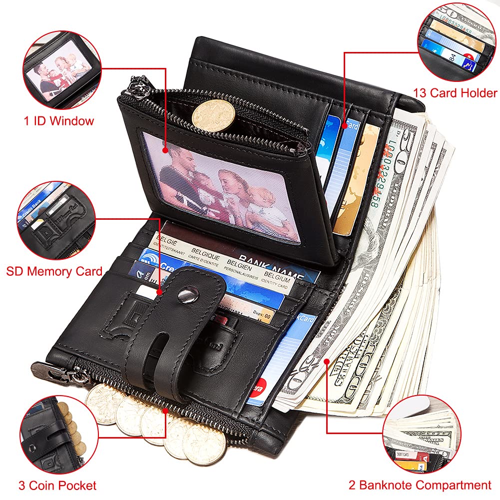 Mens Wallet with Chain Genuine Leather Purse RFID Blocking Bifold Double Zipper Coin Pocket with Anti-Theft Chain