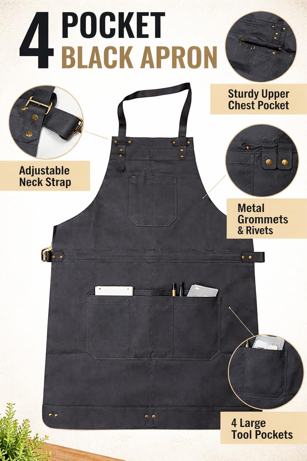 HEAVEN HUSH Genuine Leather Apron for Men & Women, Adjustable Straps & Tool Pockets Premium BBQ Cooking Blacksmith Shop Welding Woodworking Bartender Work Aprons (Black,4 Pocket)