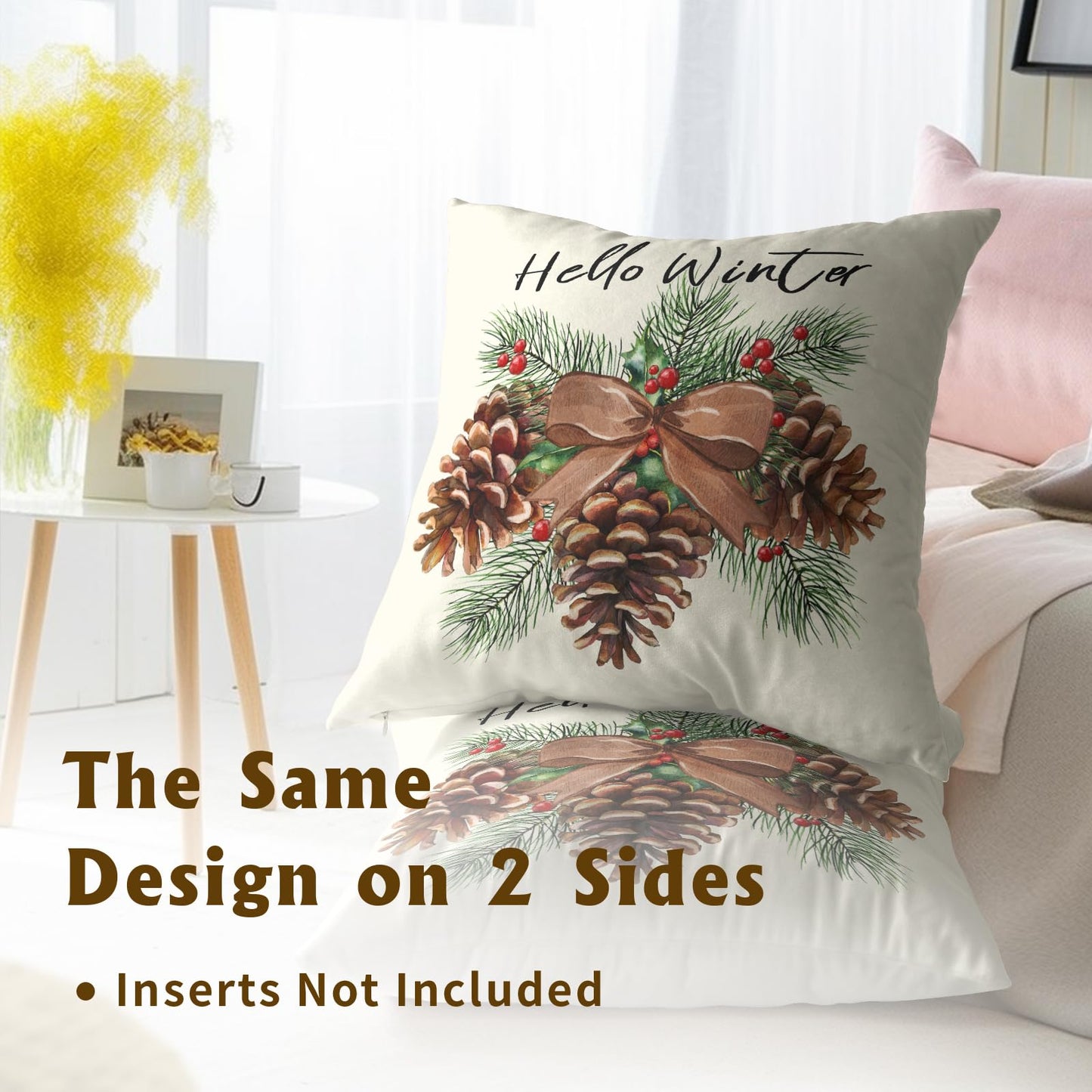 Winter Pinecone Pillowcase Set of 2 Pine Cone and Leaf Decor Throw Pillows Square 18x18 Inch Xmas Merry Christmas Holiday Winter Pillow Cushion Covers for Home Living Room Bed Sofa Outdoor Couch