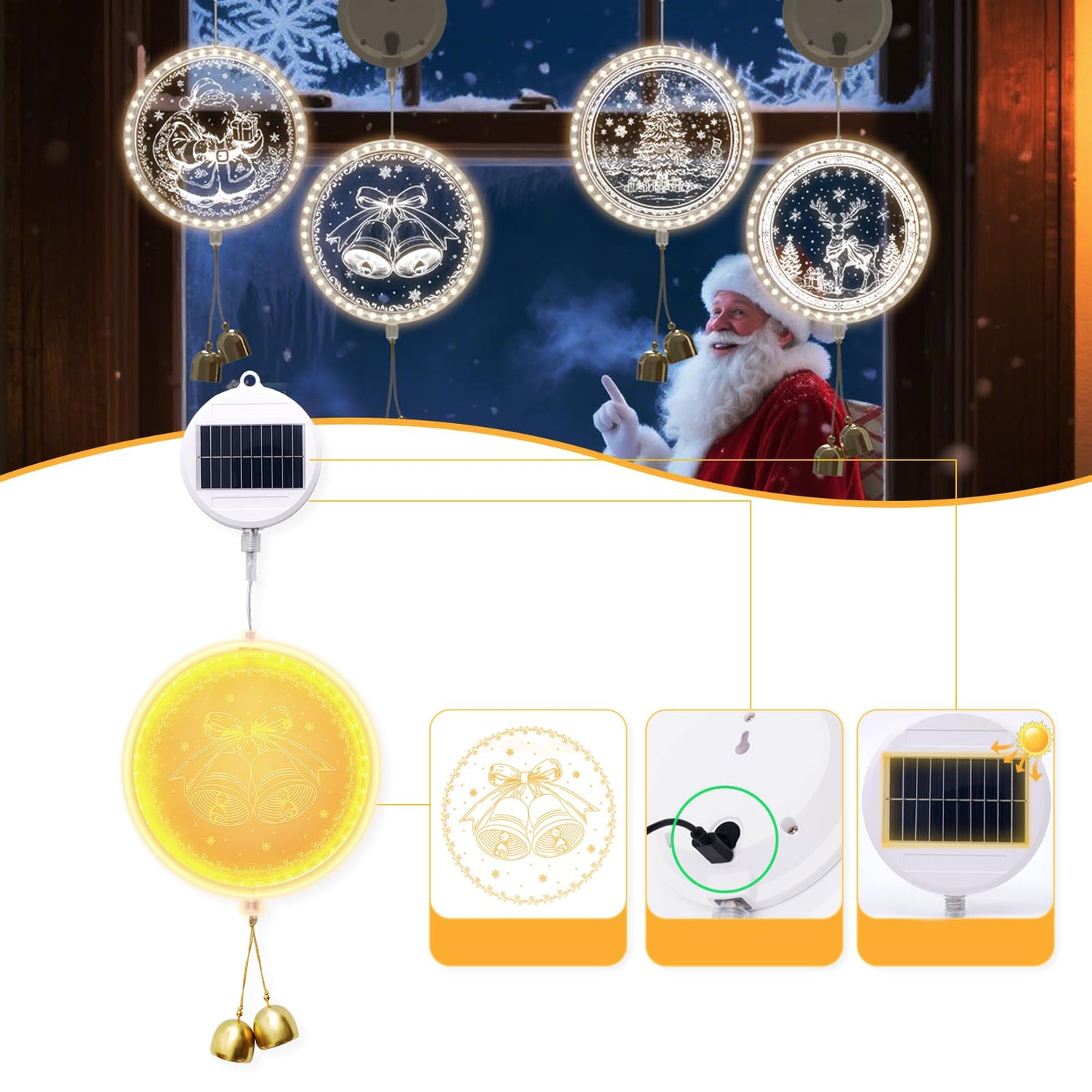 Nautairs Solar Hanging Lights - Outdoor Indoor Christmas Decorations for Window, Garden, Patio, Porch,Holiday Home Decor, (Jingle Bell)