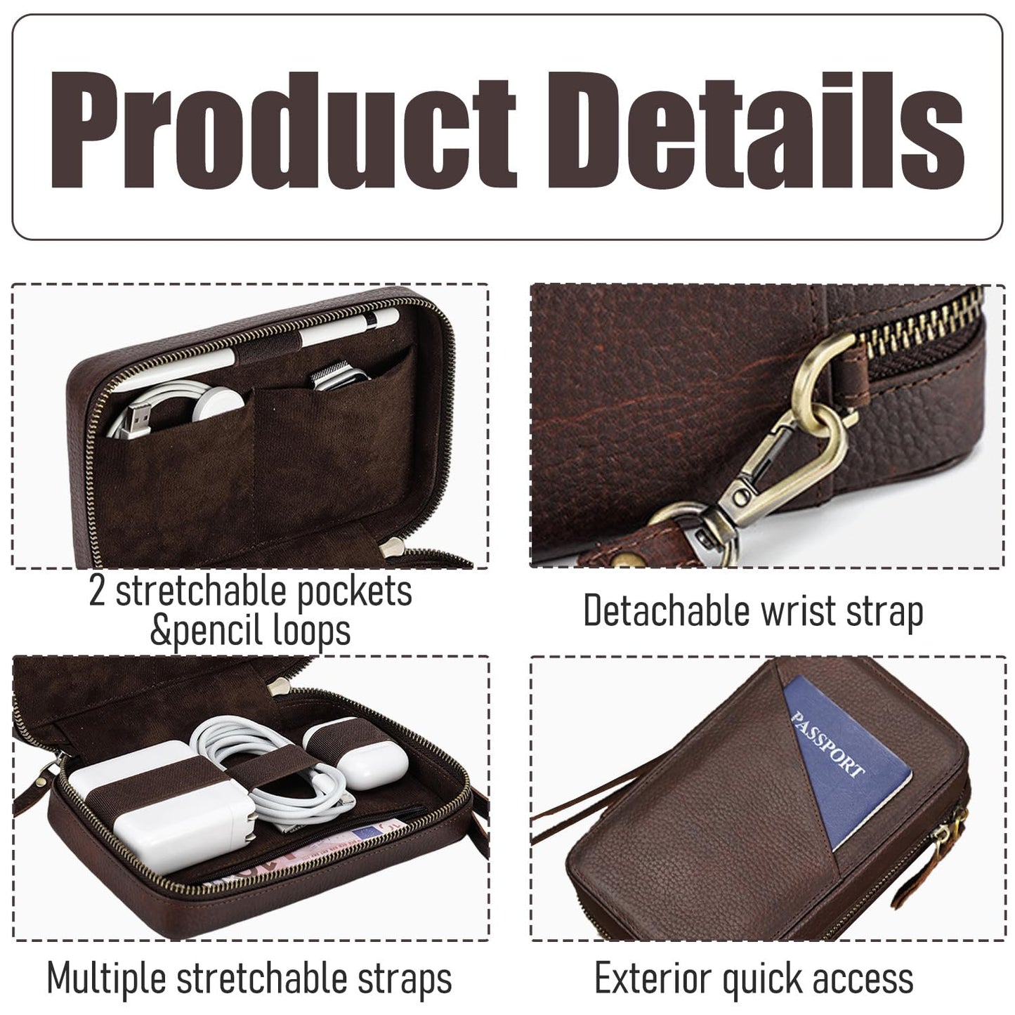 Acidea Full Grain Leather Electronics Accessories Storage Box Travel Cable Organizer Pouch, Charger Roll Up Case with Zippers Leather Tech Organizer for Power Bank, USB, Cables, Travel Essentials