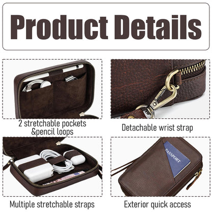 Acidea Full Grain Leather Electronics Accessories Storage Box Travel Cable Organizer Pouch, Charger Roll Up Case with Zippers Leather Tech Organizer for Power Bank, USB, Cables, Travel Essentials