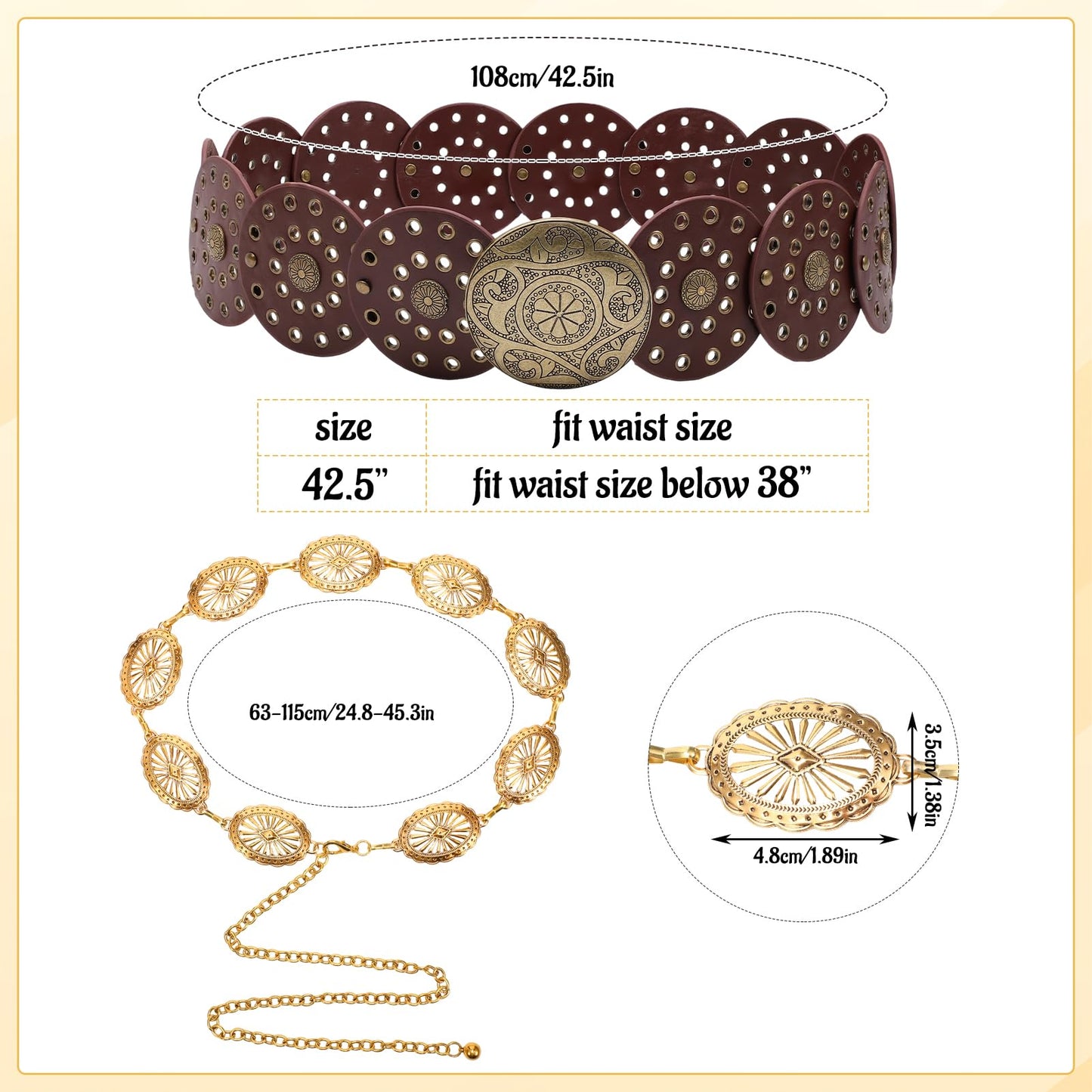 JATEBI 2 Pcs Western Belts for Woman, Adjustable Vintage Concho Waist Belt Set Include Chain Belt with Wide Disc Cowgirl Belt for Country Concert Rodeo Festival Outfits