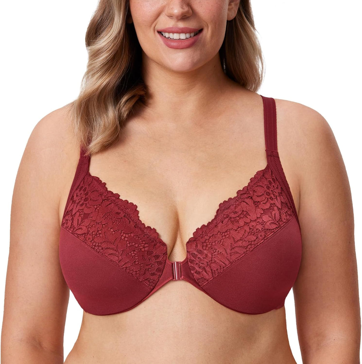 DELIMIRA Women's Front Closure Plus Size Full Coverage Lace Underwire Racerback Bra