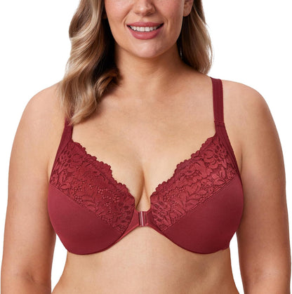 DELIMIRA Women's Front Closure Plus Size Full Coverage Lace Underwire Racerback Bra