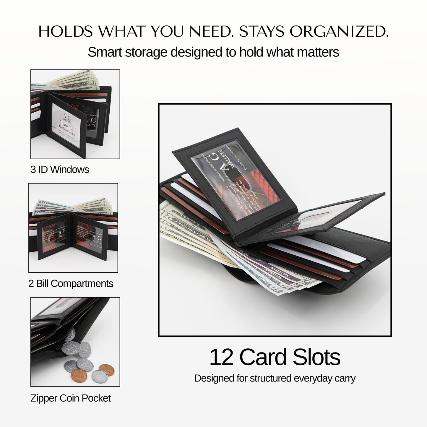 AG Wallets Men’s Bifold Leather Wallet with Double Center Flap, 3 ID Windows, RFID Blocking, Zipper Coin Pocket - Slim Men’s Wallet, Black
