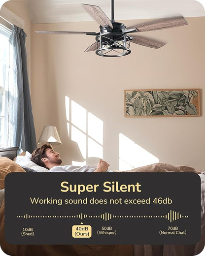 EDISHINE 52" Black Farmhouse Ceiling Fans With Lights, Remote Control, Dimmable, Reversible DC Motor, 5 Wooden Blades Rustic Indoor/Outdoor Ceiling Fan for Living Room Bedroom Porch