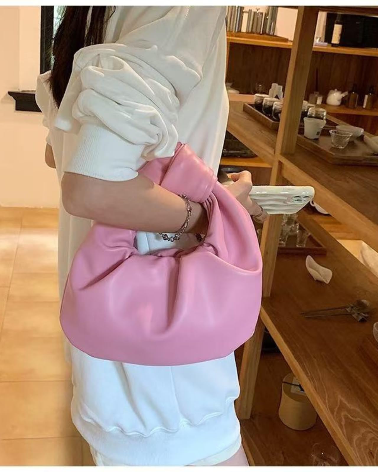 Inkfew Ruched Clutch Purses For Women Evening Bag PU Leather Trendy Small Hobo Handbag Wedding Guest Bags for Party Shopping,Pink