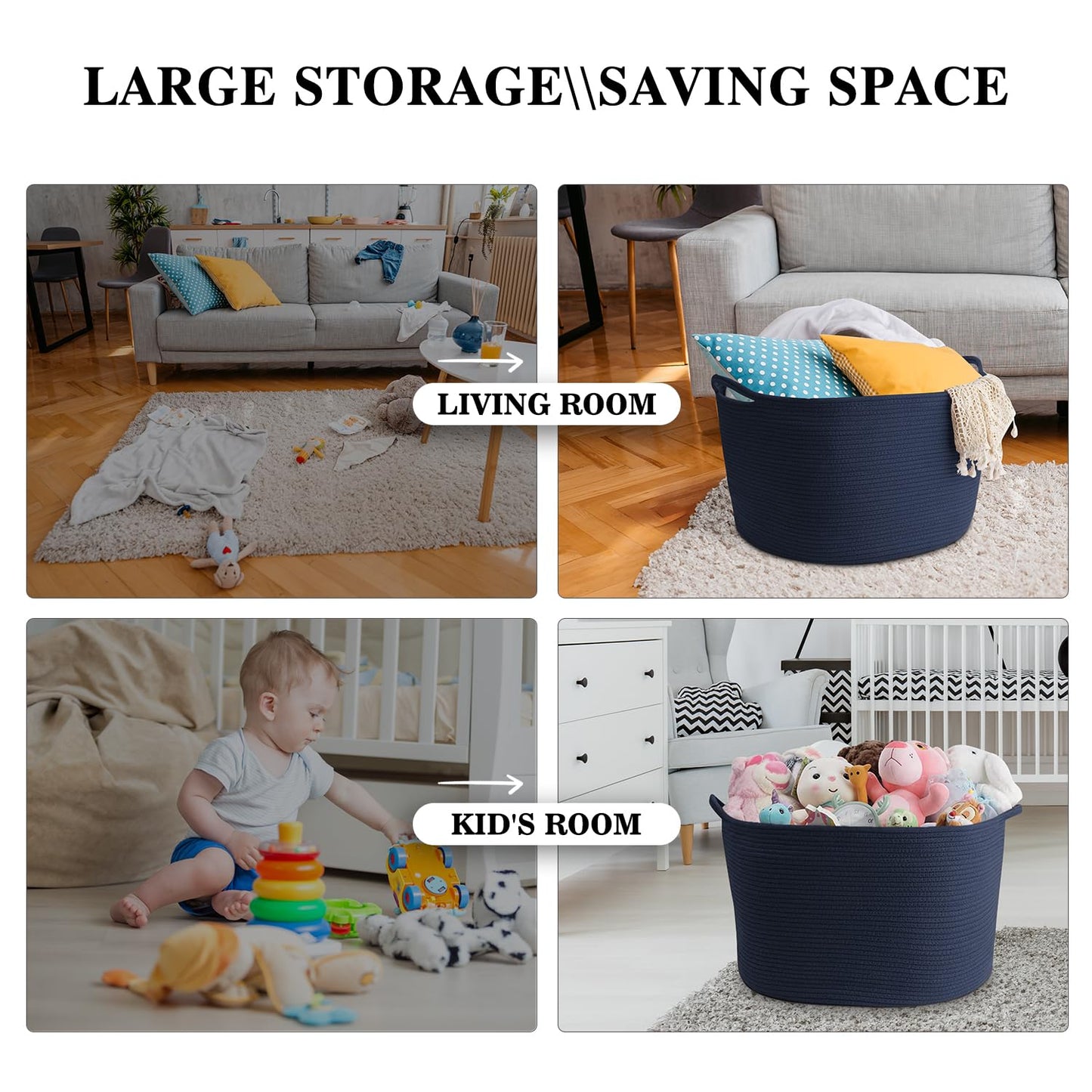 Extra Large Blanket Basket, Maliton Cotton Rope Bin for Toys, Woven Laundry Hamper with Handles, Decorative Storage for Living Room, Bedroom, Kids Room, Bathroom, 22" x 22" x 14", Blue