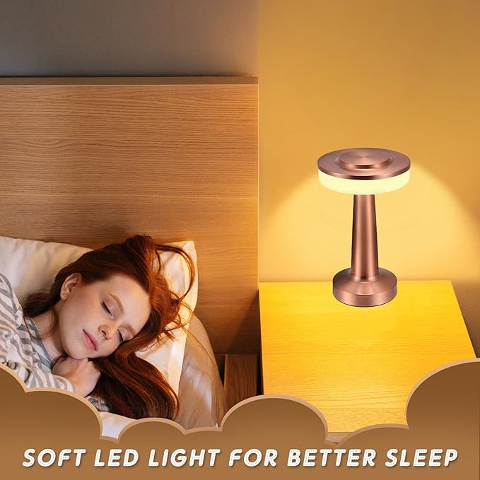 Riakrum Set of 2 LED Portable Cordless Table Lamp with Touch Sensor 3 Color Stepless Dimming Rechargeable Battery up to 15 Hours Cordless Table Light Wireless Lamp for Nursery(Rose Gold,2 Pcs)