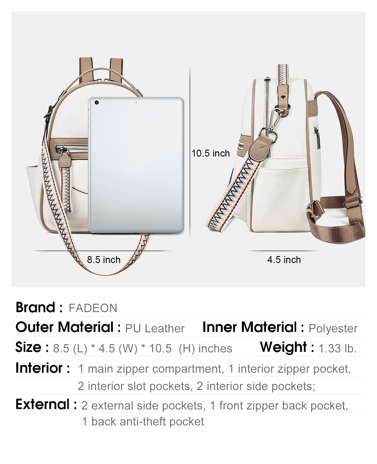FADEON Mini Backpack Purse for Women, Designer Leather Cute Roomly Small Backpacks, Ladies Shoulder Backpack Fashion Handbag