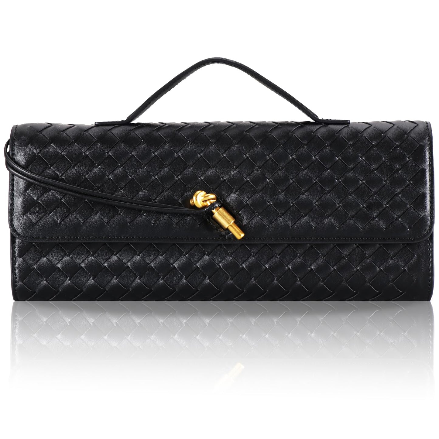 EGCUQ Pu Leather Woven Bag Purse,Black Clutch, Woven Evening Bag For Women 11.8" x 1.7" x 4.9" (Black)
