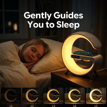 Smart LED Table Lamp,4-in-1 Wireless Charger with Speaker,Night Light, Alarm Clock, and Bluetooth Speaker with App Control, Ideal Gifts for Home, Office, Christmas(White)