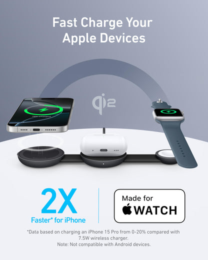 Anker MagSafe Compatible MagGo UFO 3-in-1 Charger, iPhone 17 Wireless Charging Station, 15W Qi2 Certified, Foldable Travel Charging Pad, for iPhone 17/16/15/14, AirPods, Apple Watch (Not a Power Bank)