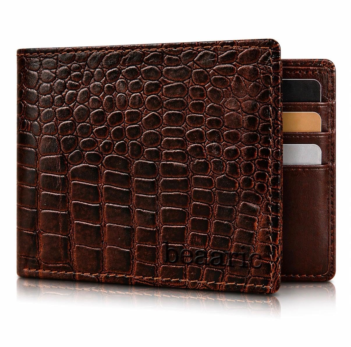 Beaaric Men’s Leather Wallet RFID Blocking Slim Bifold Wallet for Men with 9 Card Slots, 1 ID Window, 2 Hidden Pockets, Zip Coin Pocket & 2 Cash Compartments Stylish Brown Crocodile Pattern