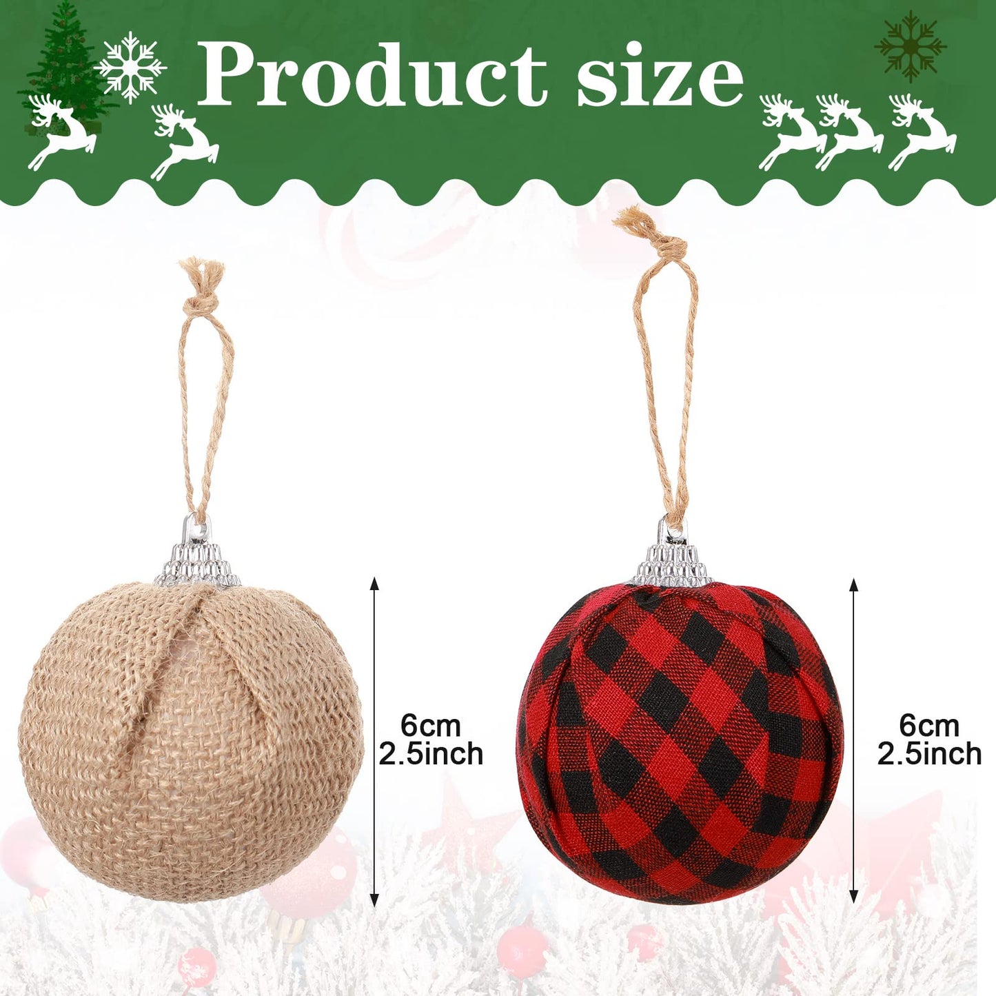 Sratte 20 Pcs Rustic Christmas Tree Ornaments Set 2.5" Hanging Burlap Plaid Ball 3.1"-6" Red/White Black Buffalo Check Ball for Farmhouse Christmas Ornaments Country Xmas Decorations(Red,Black)