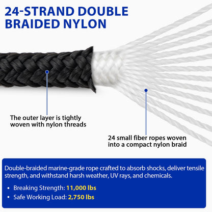 Boat Dock Lines Marine Rope - 5/8" x 15ft with Pre-Spliced 15" Loop Double Braided Nylon Ropes Bumper Tie Mooring Line for Boats Docking Pontoon Boating Accessories - 4 Pack