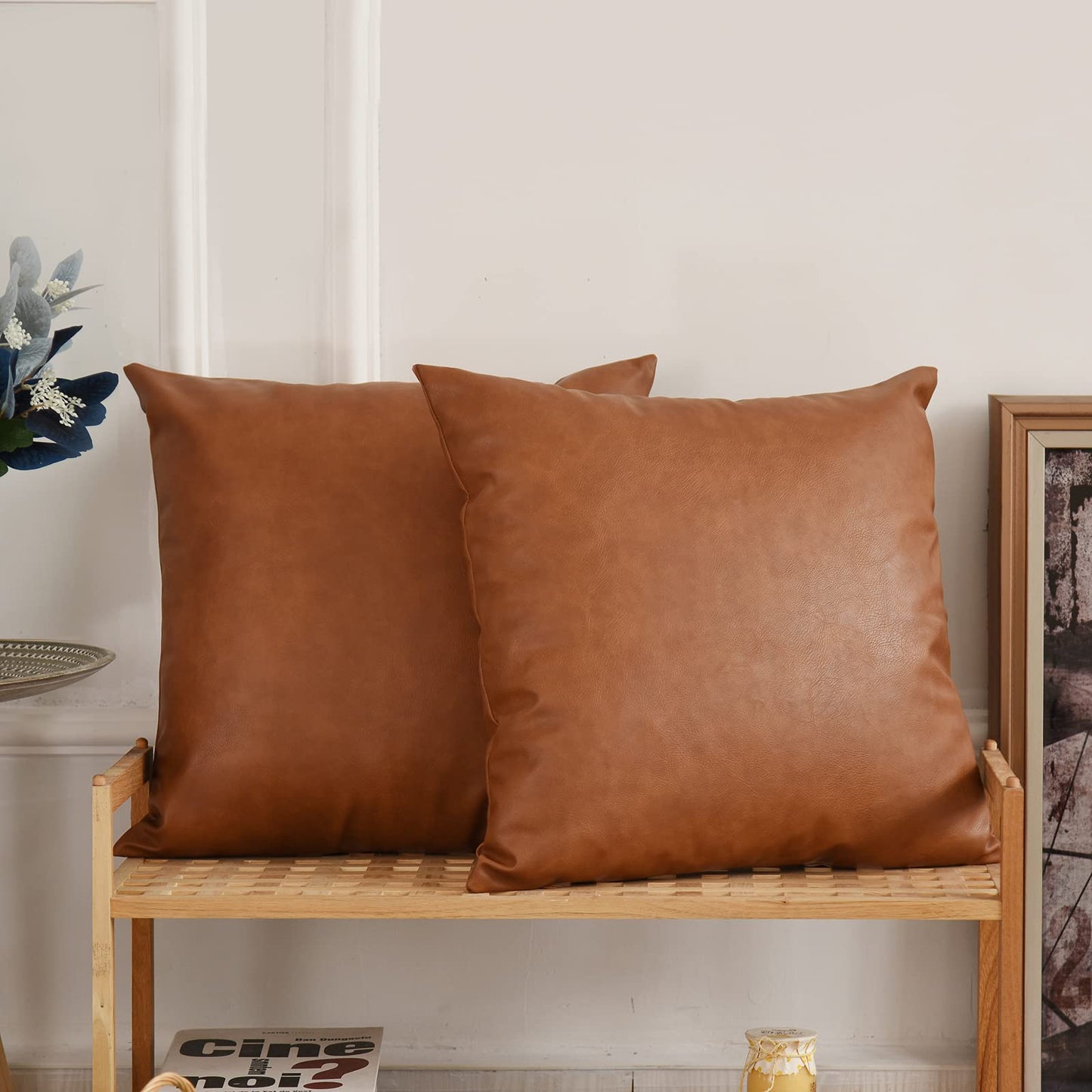 Tosewever Faux Leather Throw Pillow Covers, 18 x 18 inch Set of 2 Luxury Cognac Brown Modern Pillowcases Solid Decorative Square Cushion Cases for Bedroom Living Room Couch Bed Sofa (Brown, 18" x 18")