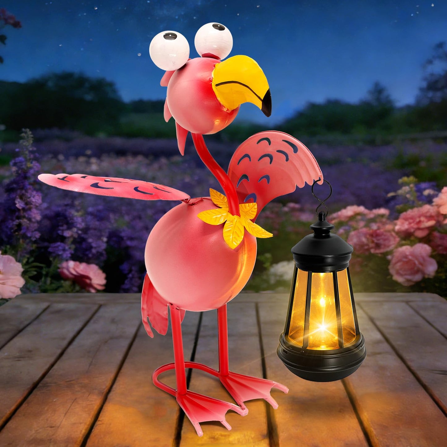 Solar Garden Lights Flamingo Statue with Solar Lantern, Flamingo Decor Fairy Accessories, Mothers Day Birthday Gifts for Women Mom Grandma, Big Metal Decorative Stakes for Home Patio Porch Yard Art