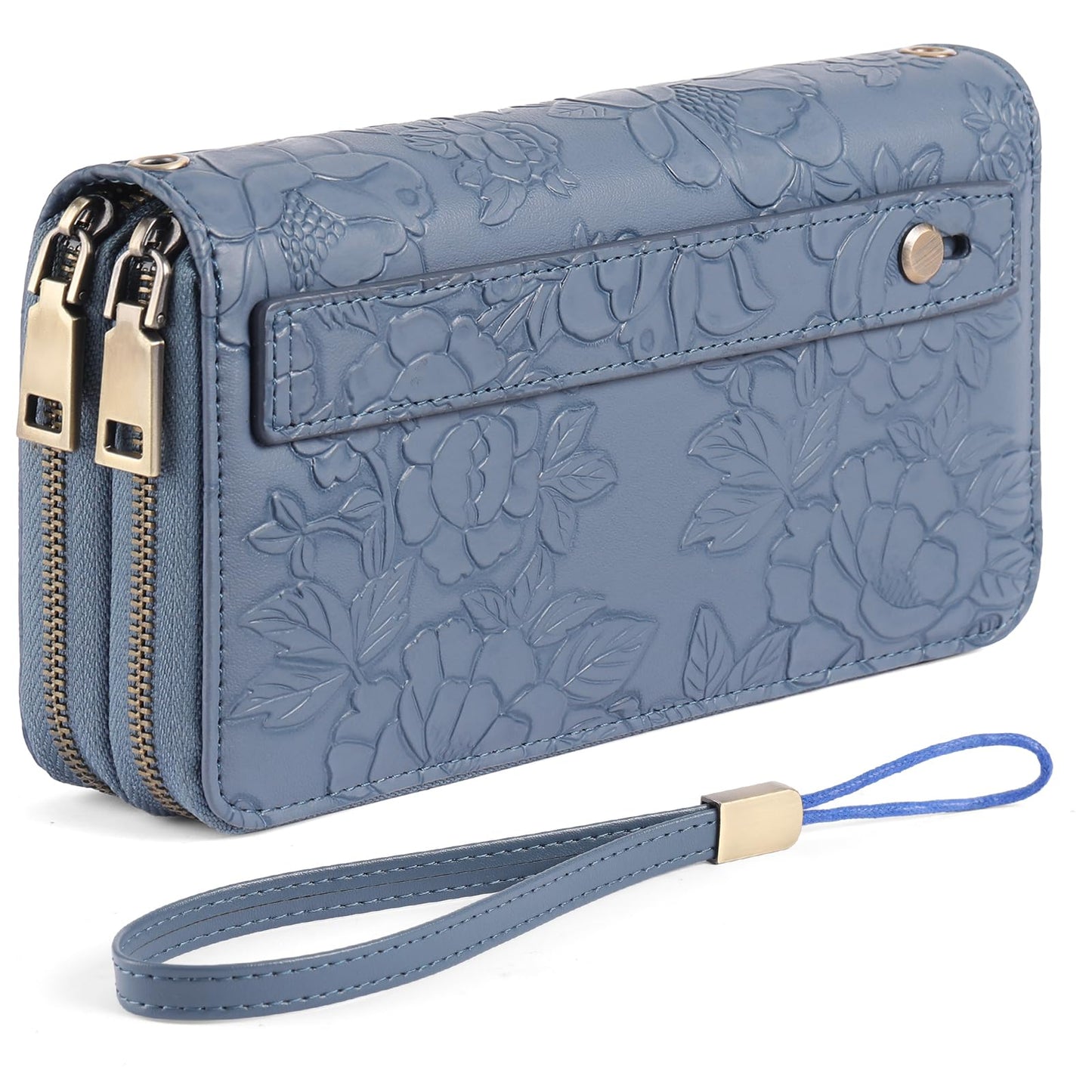 GAEKEAO Womens Wallet Large Capacity with Phone Pocket, Double Zip Around RFID Blocking Clutch Purse Wristlet Grip Hand Strap