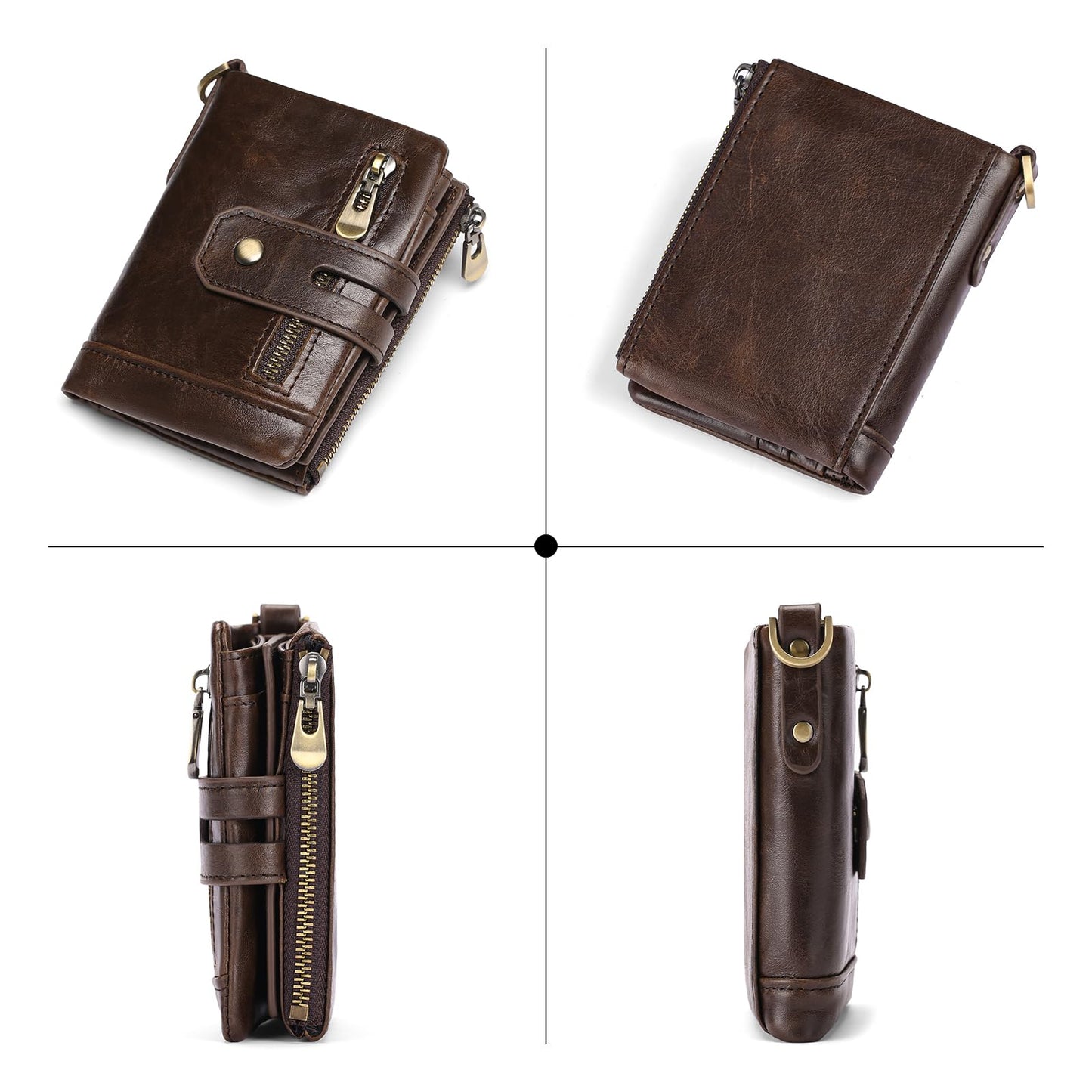 Men's RFID Blocking Bifold Chain Wallet Genuine Leather with Coin Pocket High Security Design (Coffee1)
