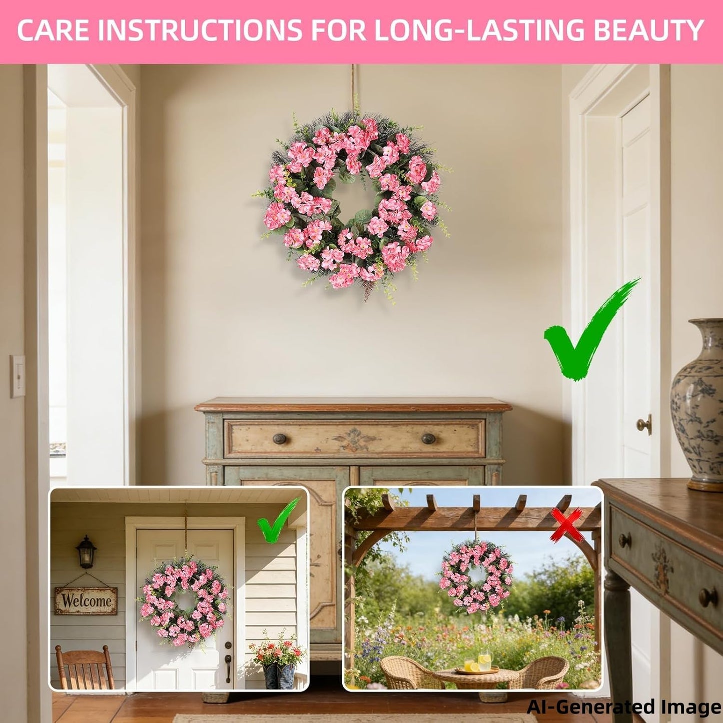 KuiMen Spring Summer Wreaths for Front Door 24 Inch Pink Artificial Geranium Wreath with Blessed Hanging Sign for Indoor and Outdoor Decor