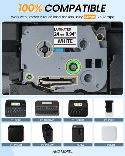 TZe-251 TZe251 Replacement for Brother P Touch Label Maker Tape 24mm TZe TZ Tape 24mm 0.94 Inch Laminated Black on White, Compatible with Brother PT-D600 PT-D610BT PT-P700, PT-P710BT PT-P910BT, 4-Pack