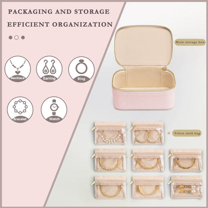 Jeonnfp Jewelry Box Organizer for Women,Small Travel Jewelry Case,Mini Travel Jewelry Organizer with 8 Velvet Jewelry Zipper Pouches, Jewelry Box Organizer for Christmas Birthday(Pink)