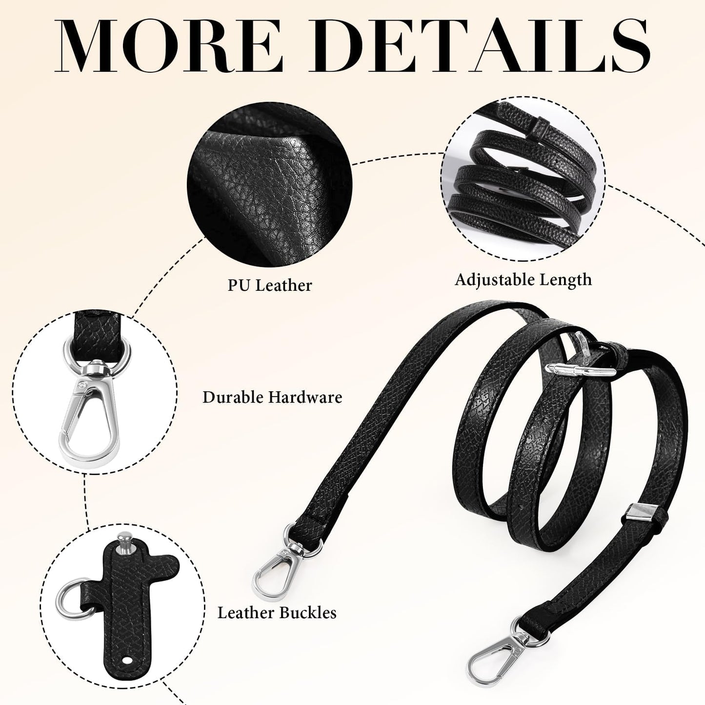 Gripooaven Mini Bag Strap Kit for Longchamp Black, Adjustable Leather Crossbody Shoulder Strap for Small Pouches, Purses and Handbags (Black Silver)