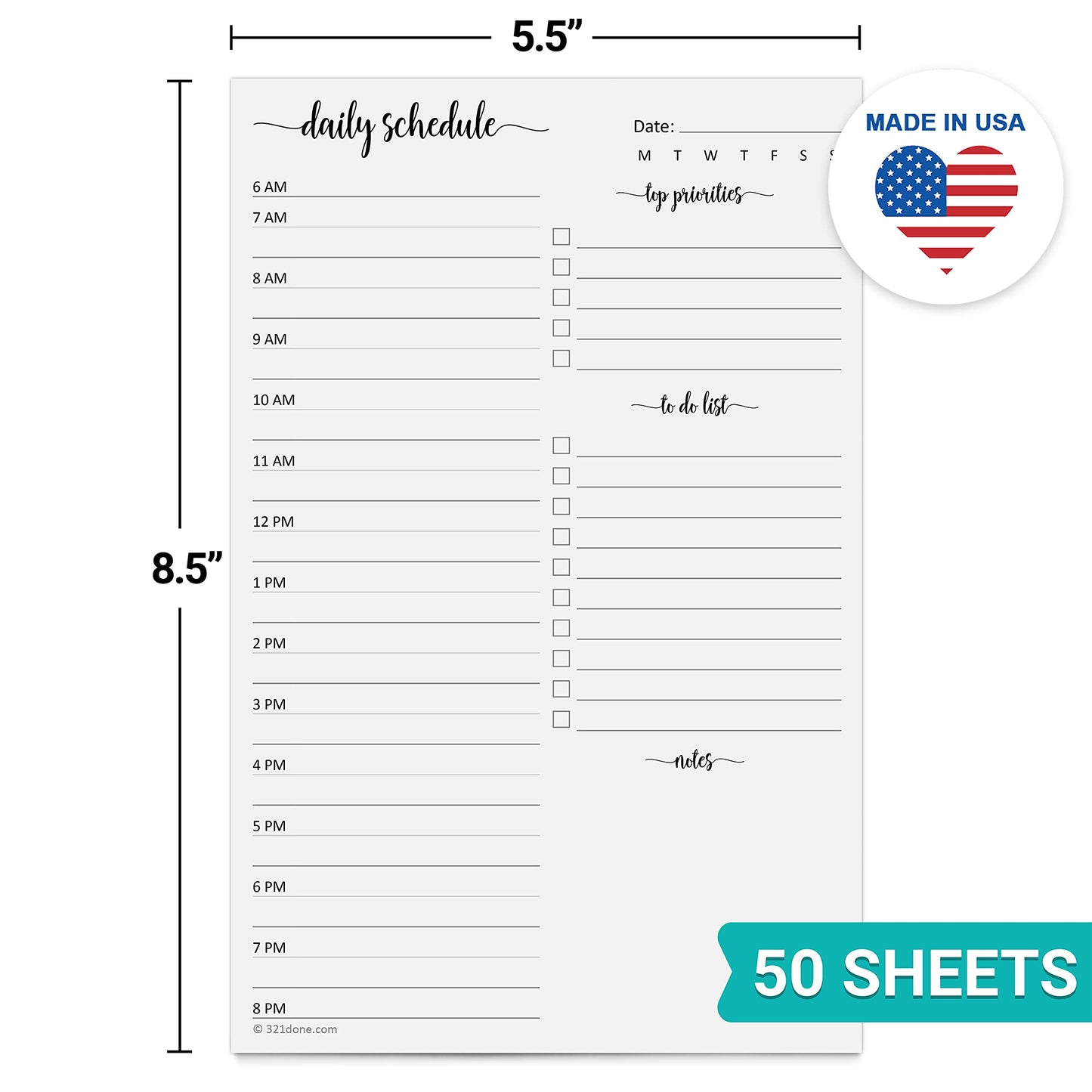 321Done Daily Schedule Planning Notepad - 50 Sheets (5.5x8.5) – Hourly Appointment Daily Planner To Do Checklist Tear-Off Note Pad - Made in USA - Simple Script Half-Letter Small Size