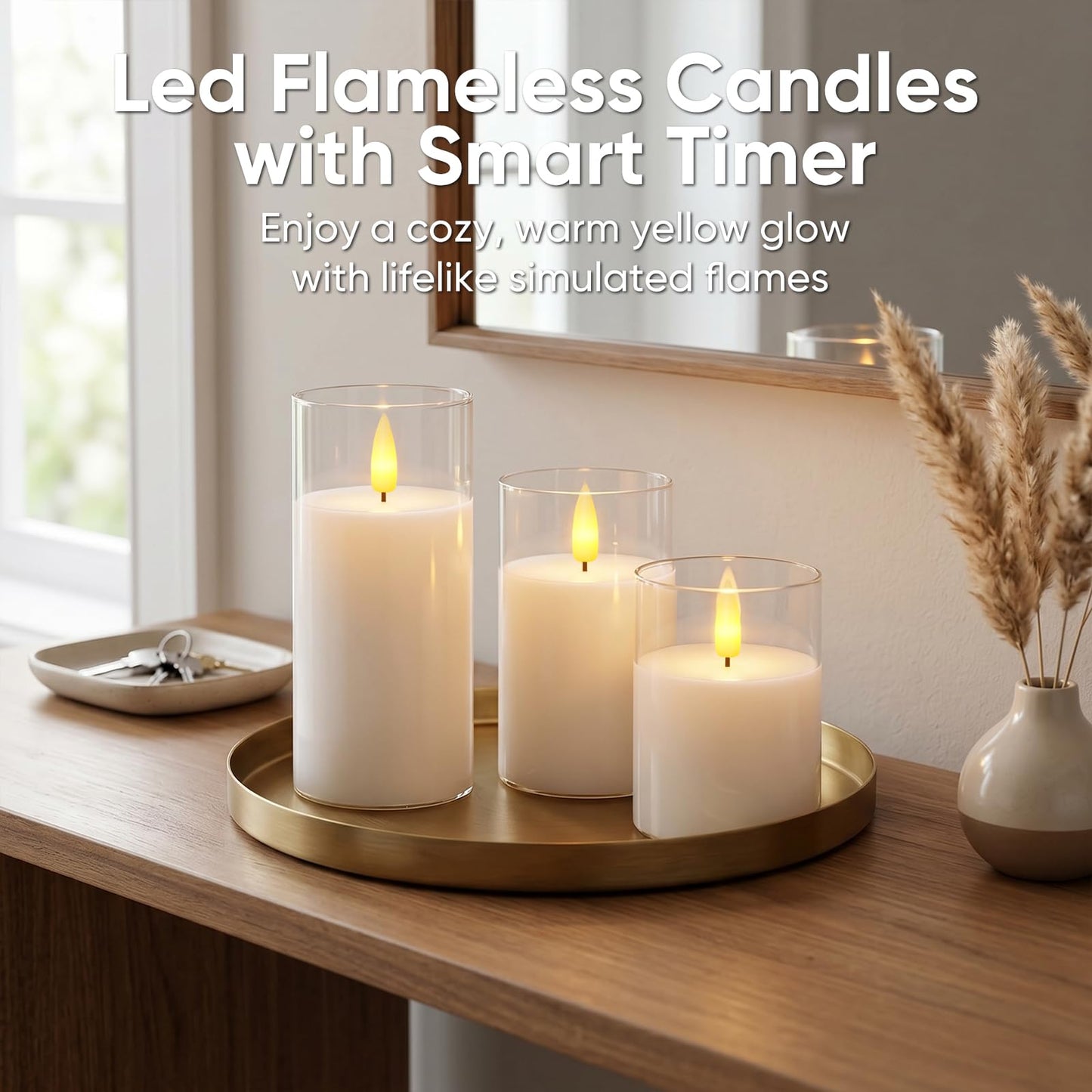 5plots Glass Battery Operated White Flameless Candles with Remote Timer, 3D Wick Real Wax Pillar Led Candles Warm Flickering Light for Indoor Home, Halloween, Christmas Decor, Set of 3, D3 x H4 5" 6"