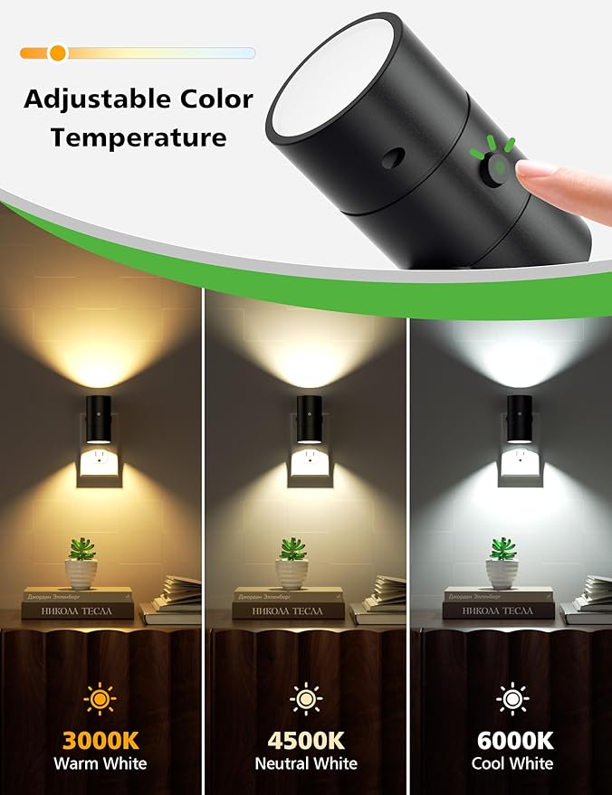 Night Lights Plug Into Wall,Dimmable LED Nightlight with Dusk to Dawn Light Sensor,0-100LM Adjustable Brightness,3 Color Temperatures,Night Light for Hallway Bathroom Stair Bedroom,Black,2 Pack