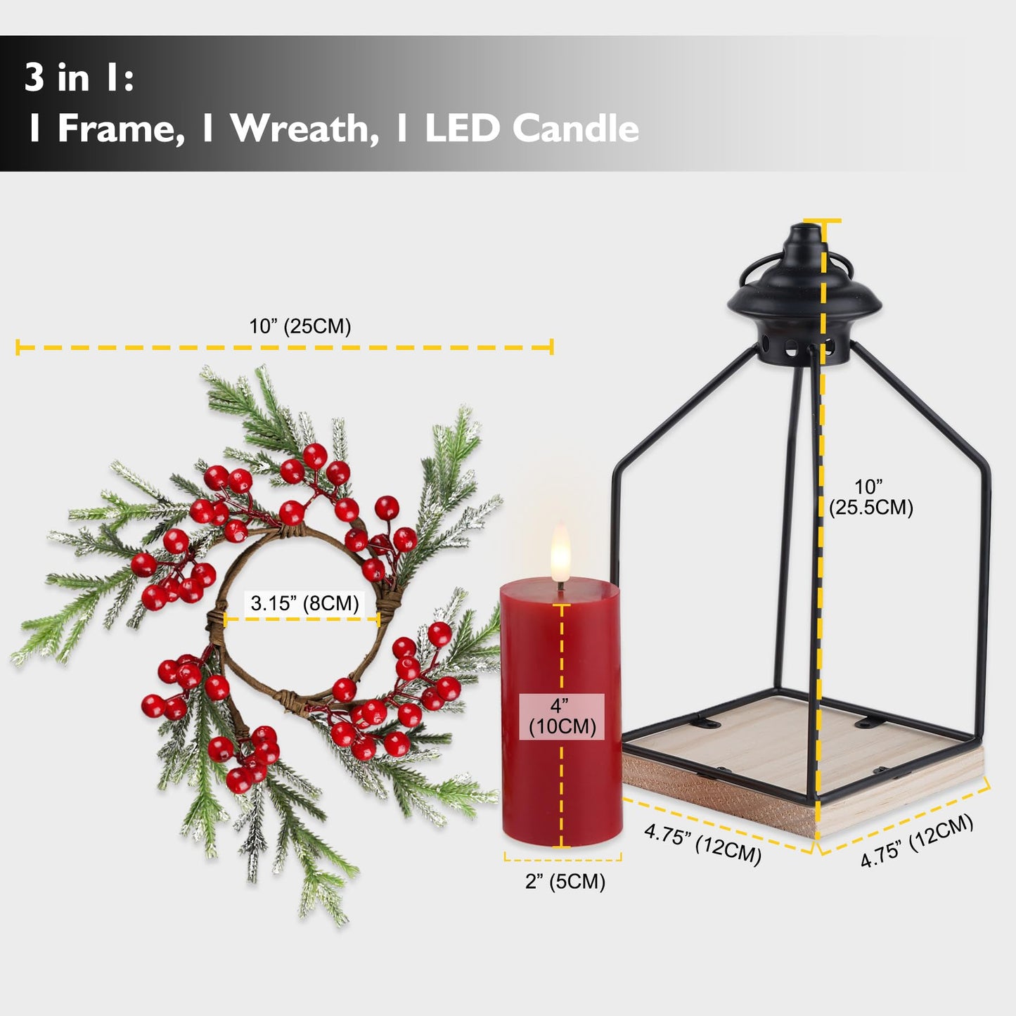 Rhytsing Christmas Table Centerpieces, H10 Inches Decorative Lantern with Real Wax Red LED Flameless Candle and Christmas Cedar Candle Ring, Battery Powered Metal Hanging Lanterns with Timer