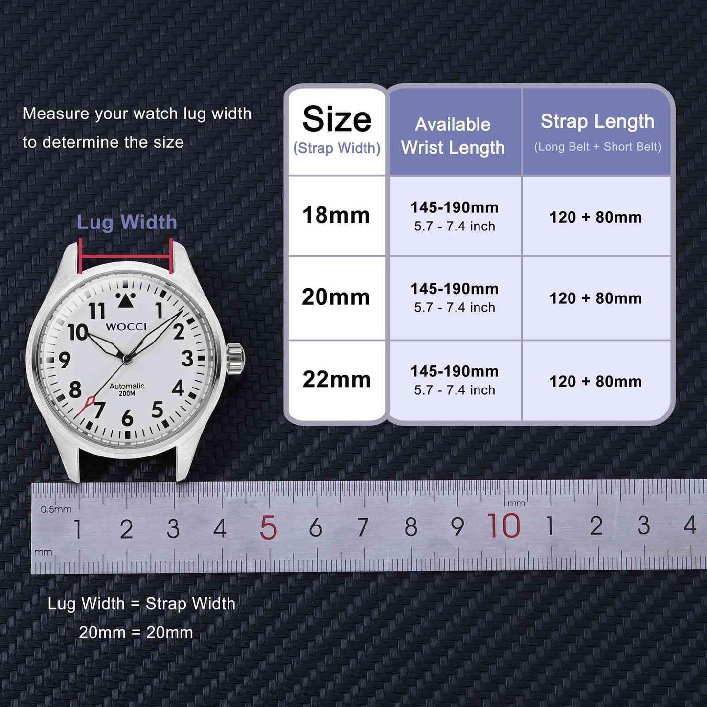 WOCCI 20mm Watch Band, Italian Leather, Denim Pattern, Silver Buckle (Denim Blue)