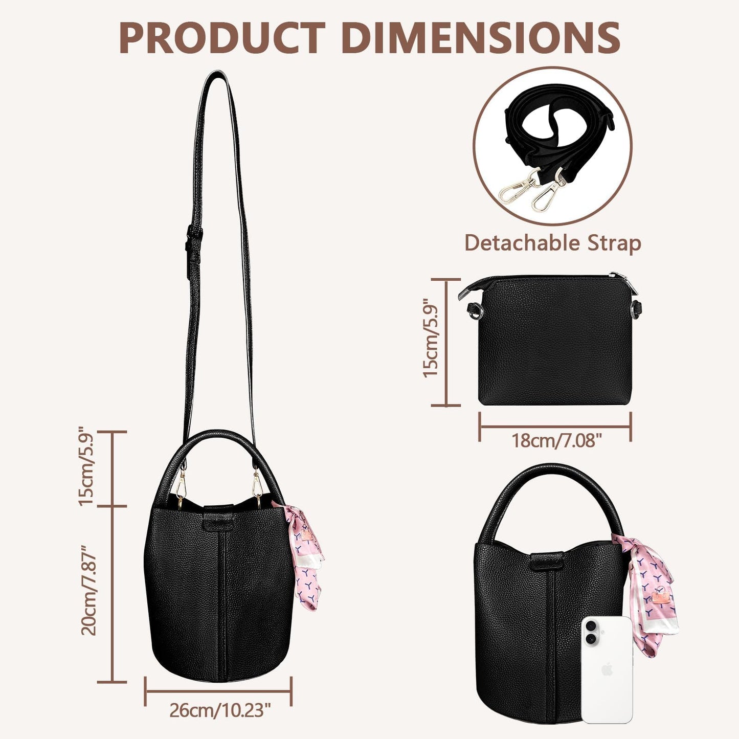 JongCen Vegan Leather Bucket Bag for Women Crossbody Bucket Purse with Removable & Adjust Shoulder Strap Fashion Bucket Handbag